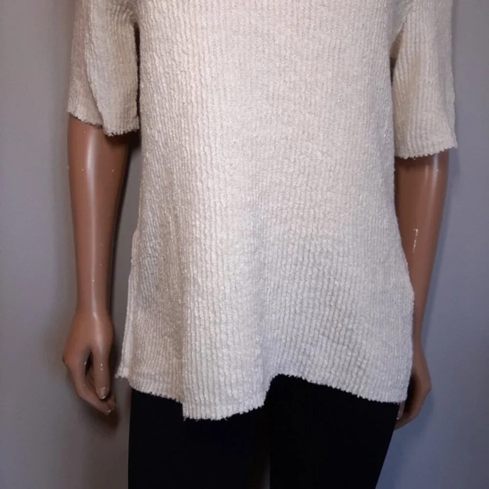 NEW Zara Oversized Ribbed Knit Short Sleeve Sweater Raw Hem Slouched Ivory - Picture 7 of 13